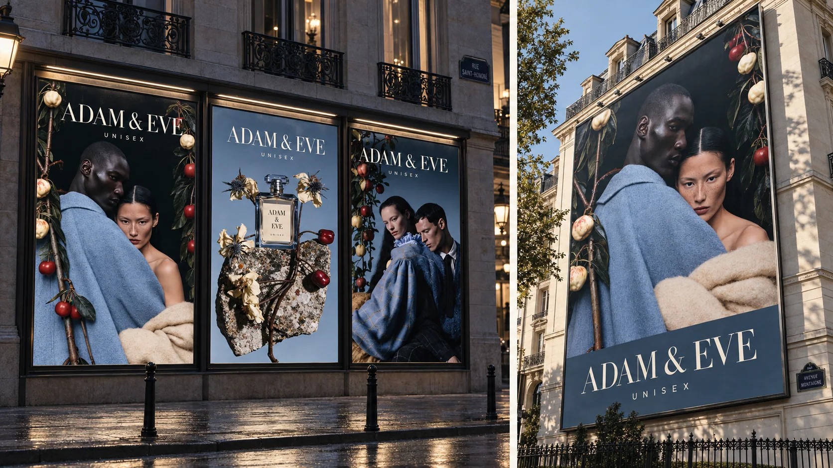 Adam and Eve fragrance concept on street posters and a billboard