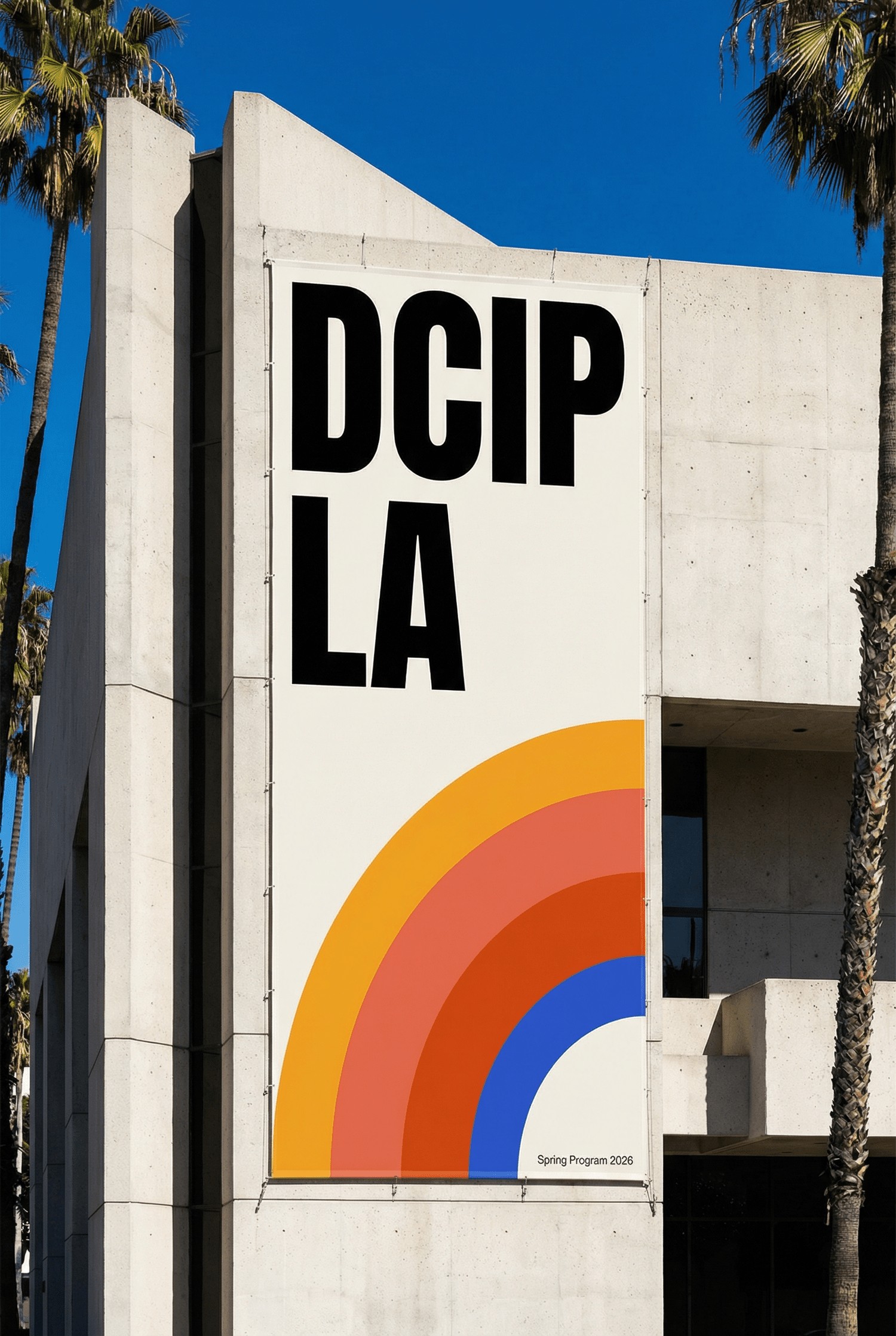 DCIP LA brand identity applied to a building banner