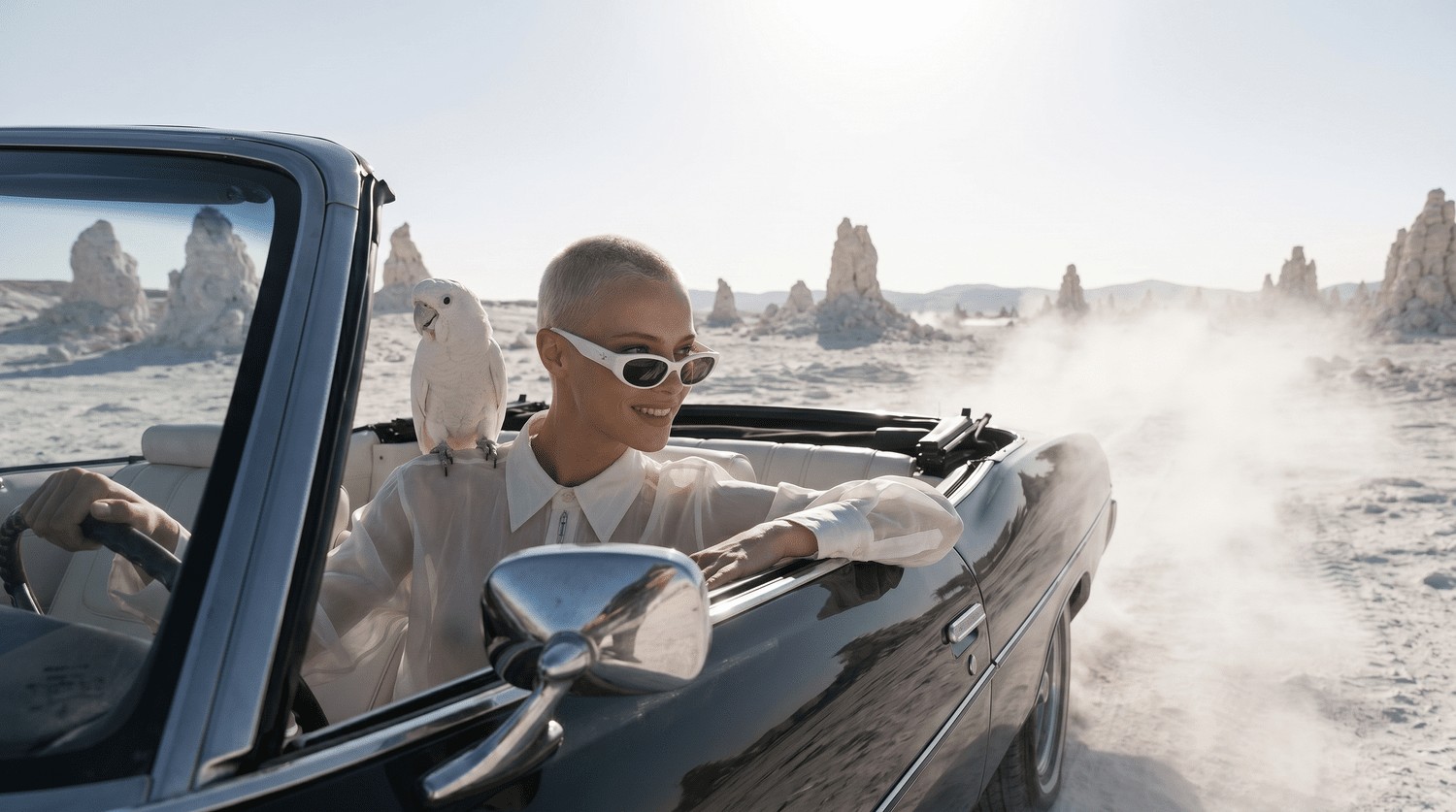PARRÔT campaign concept: a woman and a white parrot in an open top car in a desert landscape