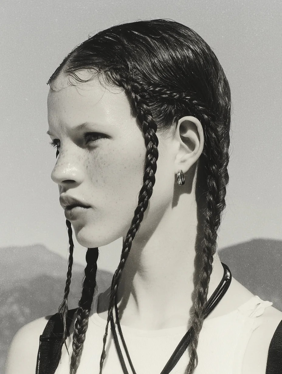 Monochrome photographic portrait with braided hair