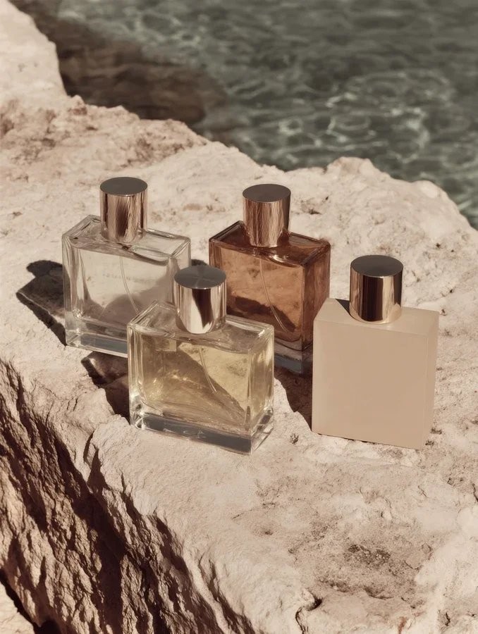 Fragrance bottles arranged on sunlit rocks beside the sea