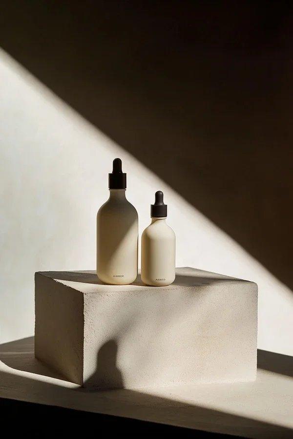 Skincare bottles on sculptural blocks in natural light
